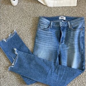 PAIGE Blue High-Rise Ankle Skinny Jeans with Raw Hem